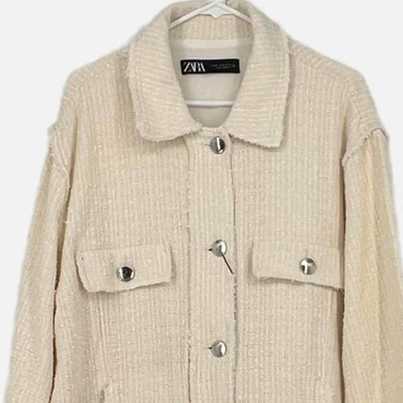 Zara Tweed Frayed Hem Overshirt in Cream Size XXL - Picture 2 of 14